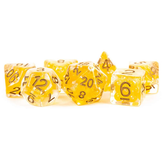 MET696 Citrine Pearl Resin Dice with Copper Colored Numbers 16mm (5/8in) 7 Dice Set Main Image