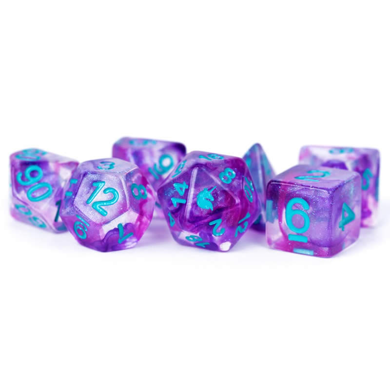 MET702 Unicorn Violet Dice with Blue Numbers Resin 7 Dice Set Main Image