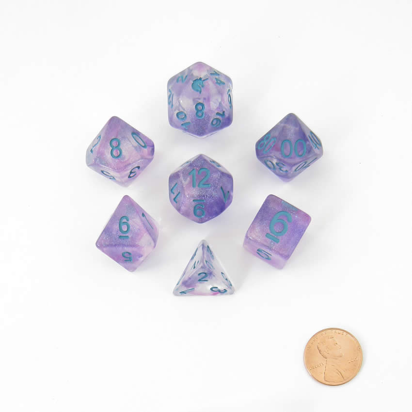 MET702 Unicorn Violet Dice with Blue Numbers Resin 7 Dice Set 2nd Image