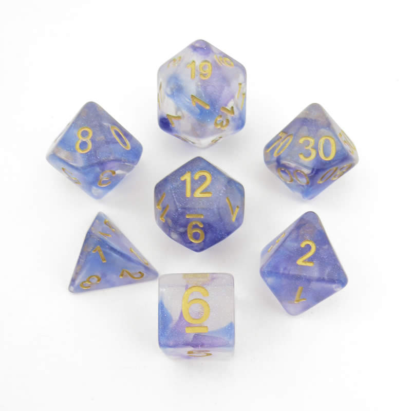 MET703 Midnight Fantasy Unicorn Dice with Yellow Numbers Acrylic 7 Dice Set Main Image