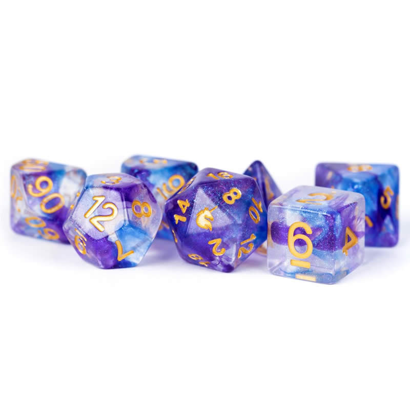 MET703 Midnight Fantasy Unicorn Dice with Yellow Numbers Acrylic 7 Dice Set 2nd Image