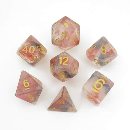 MET704 Phoenix Ash Unicorn Dice with Yellow Numbers Acylic 7 Dice Set Main Image