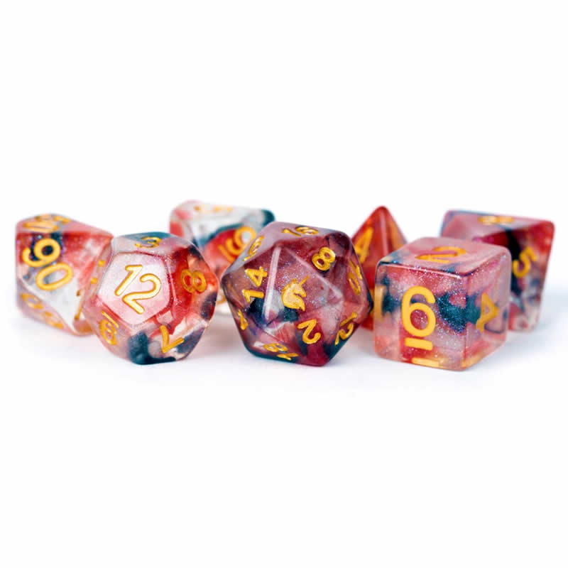 MET704 Phoenix Ash Unicorn Dice with Yellow Numbers Acylic 7 Dice Set 2nd Image