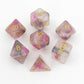 MET705 Blushing Steel Unicorn Dice with Yellow Numbers Acrylic 7 Dice Set Main Image