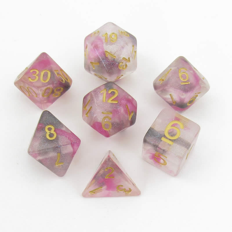 MET705 Blushing Steel Unicorn Dice with Yellow Numbers Acrylic 7 Dice Set Main Image