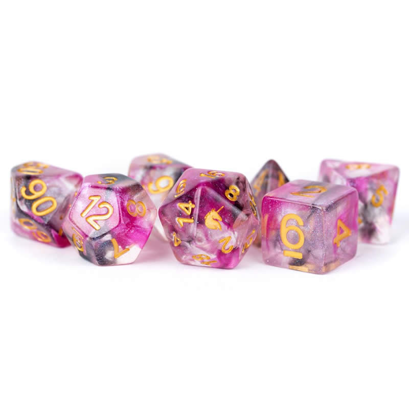 MET705 Blushing Steel Unicorn Dice with Yellow Numbers Acrylic 7 Dice Set 2nd Image