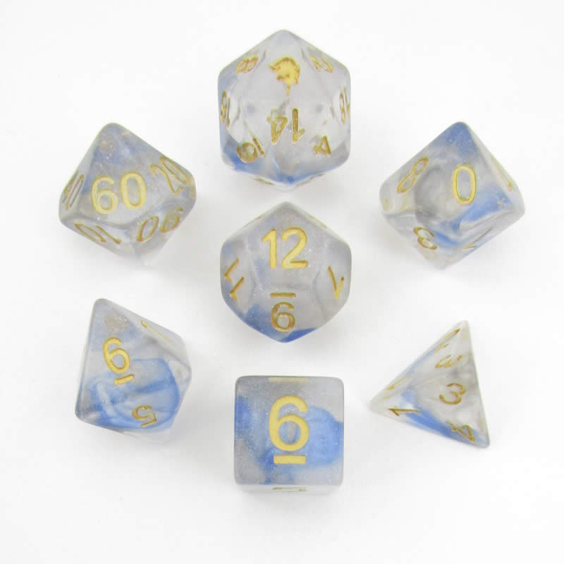 MET706 Arctic Storm Unicorn Dice with Yellow Numbers Acrylic 7 Dice Set Main Image