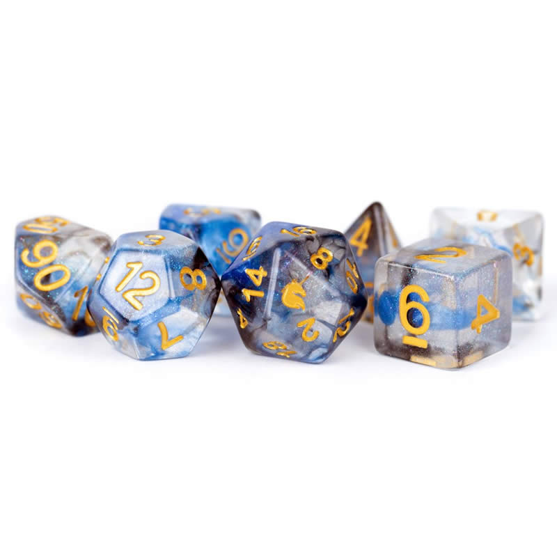 MET706 Arctic Storm Unicorn Dice with Yellow Numbers Acrylic 7 Dice Set 2nd Image