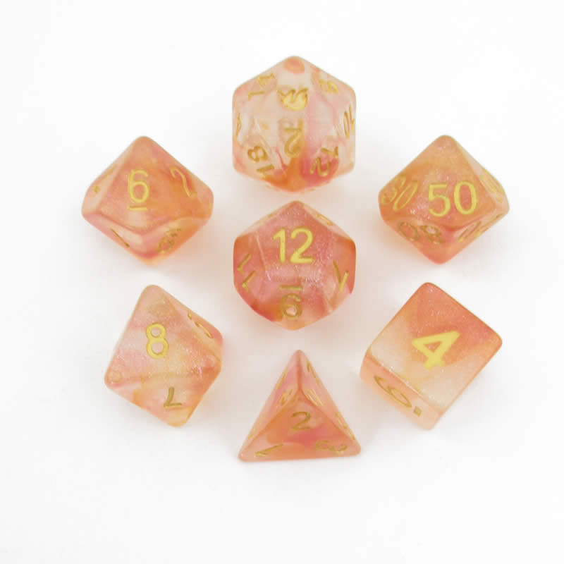 MET707 Mystic Embers Unicorn Dice with Yellow Numbers Acrylic 7 Dice Set Main Image