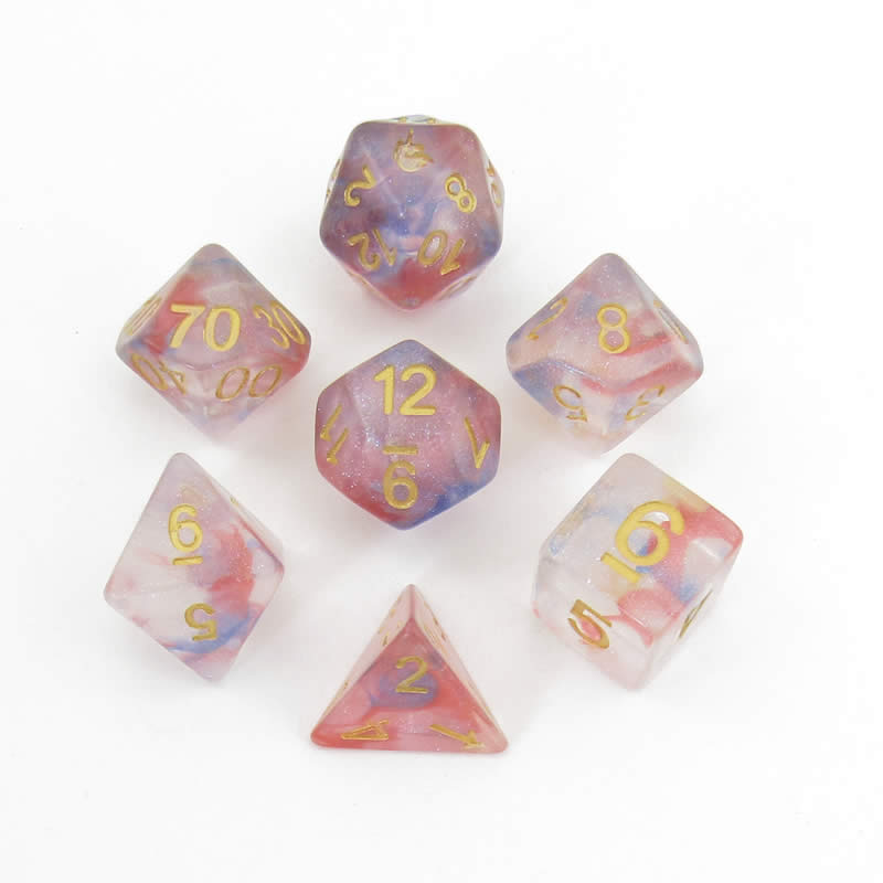 MET708 Cosmic Carnival Unicorn Dice with Yellow Numbers Acrylic 7 Dice Set Main Image