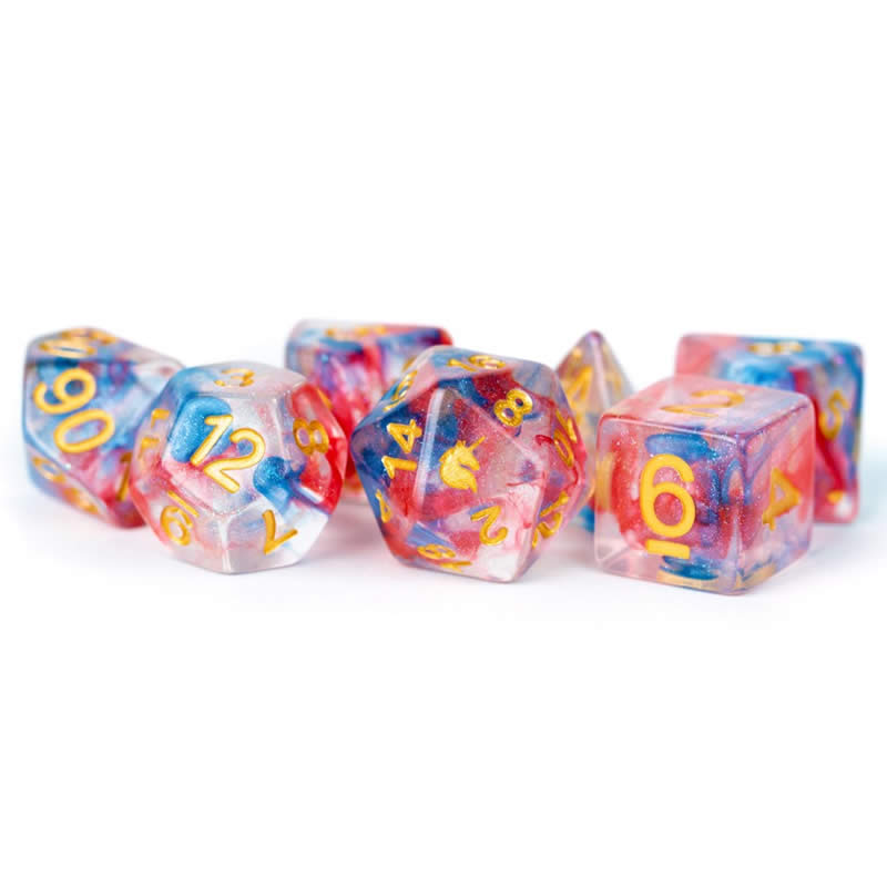 MET708 Cosmic Carnival Unicorn Dice with Yellow Numbers Acrylic 7 Dice Set 2nd Image