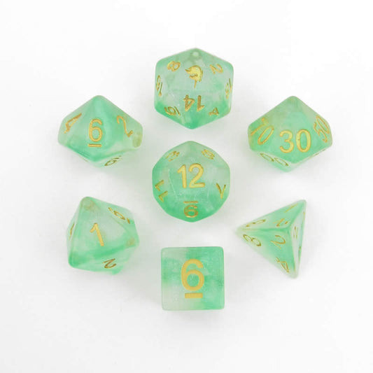 MET709 Icy Everglades Unicorn Dice with Yellow Numbers Acrylic 7 Dice Set Main Image