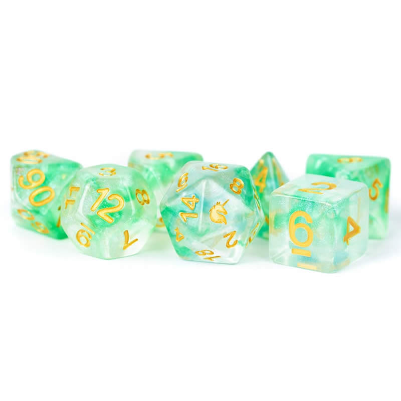 MET709 Icy Everglades Unicorn Dice with Yellow Numbers Acrylic 7 Dice Set 2nd Image