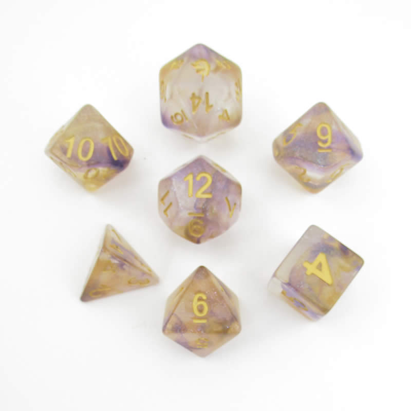 MET711 Royal Sunset Unicorn Dice with Yellow Numbers Acrylic 7 Dice Set Main Image