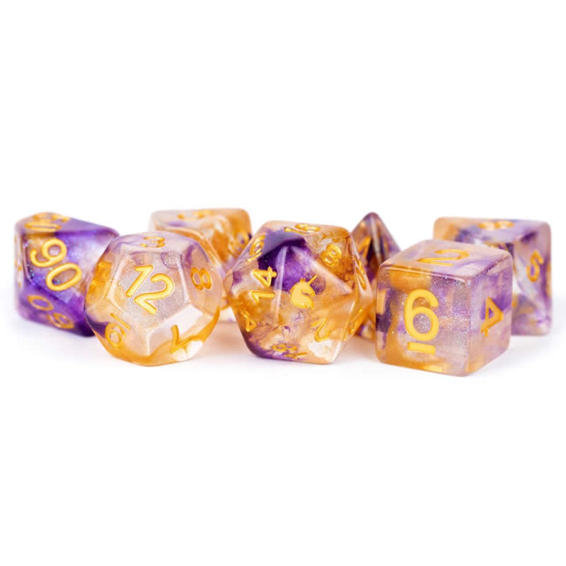 MET711 Royal Sunset Unicorn Dice with Yellow Numbers Acrylic 7 Dice Set 2nd Image