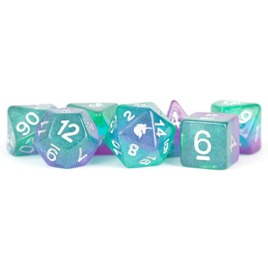 MET712 Aurora Unicorn Dice with White Numbers Acrylic 7 Dice Set Main Image