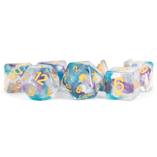 MET713 Fancy Fae Unicorn Dice with Gold Numbers Acrylic 7 Dice Set Main Image