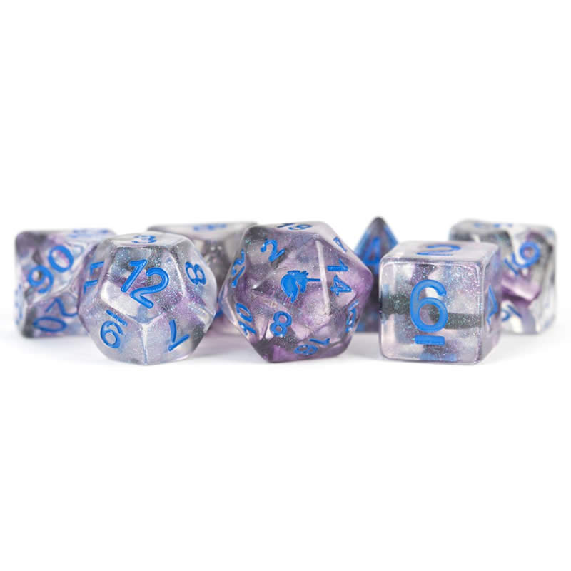 MET714 Stellar Storm Unicorn Dice with Blue Numbers Acrylic 7 Dice Set Main Image