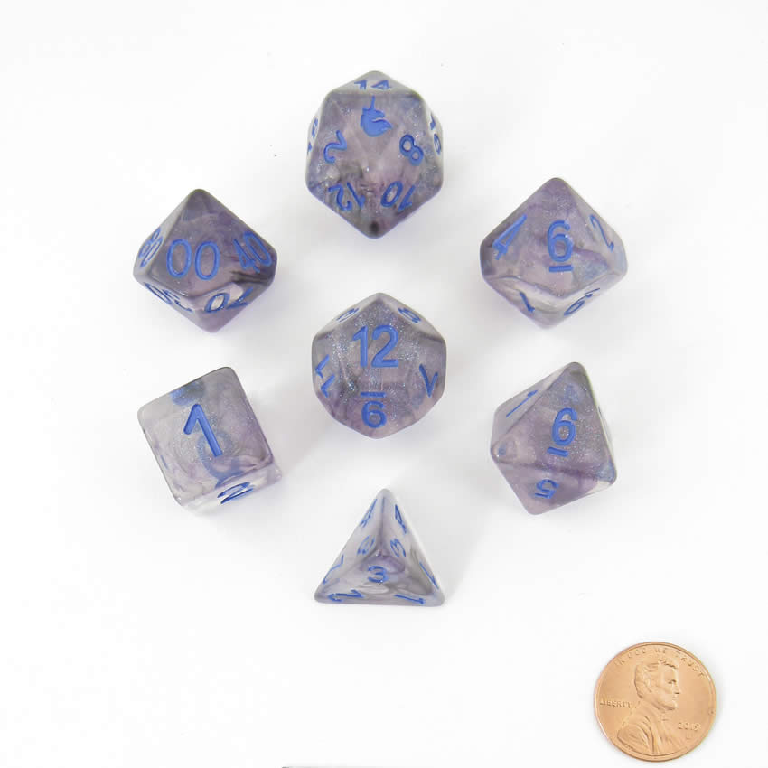 MET714 Stellar Storm Unicorn Dice with Blue Numbers Acrylic 7 Dice Set 2nd Image