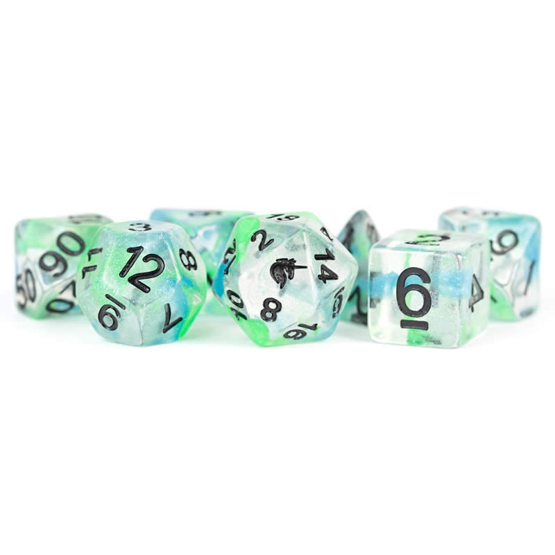 MET715 Sea Kelp Unicorn Dice with Black Numbers Acrylic 7 Dice Set Main Image