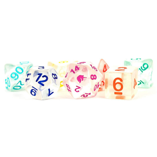 MET716 Rainbow Ice Unicorn Dice with Different Colored Numbers Acrylic 7 Dice Set Main Image