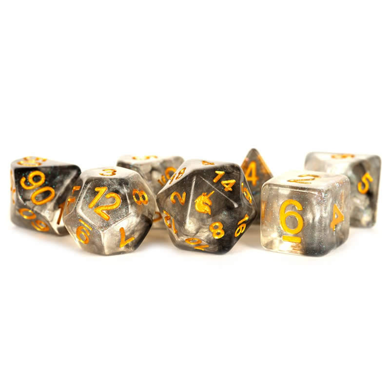 MET717 Rogue Rage Unicorn Dice with Gold Numbers Acrylic 7 Dice Set Main Image