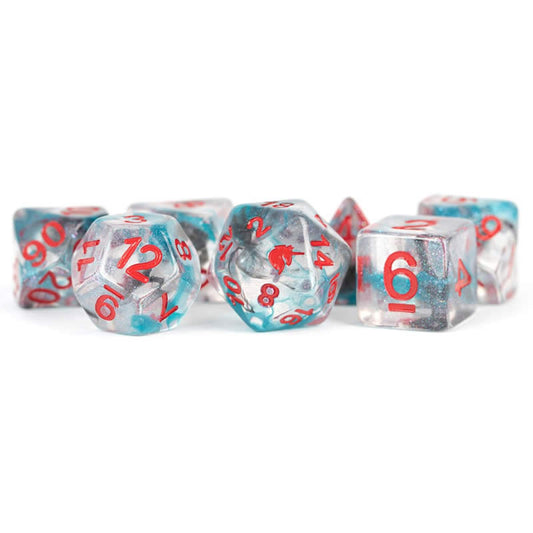 MET718 Battle Wounds Unicorn Dice with Red Numbers Acrylic 7 Dice Set Main Image