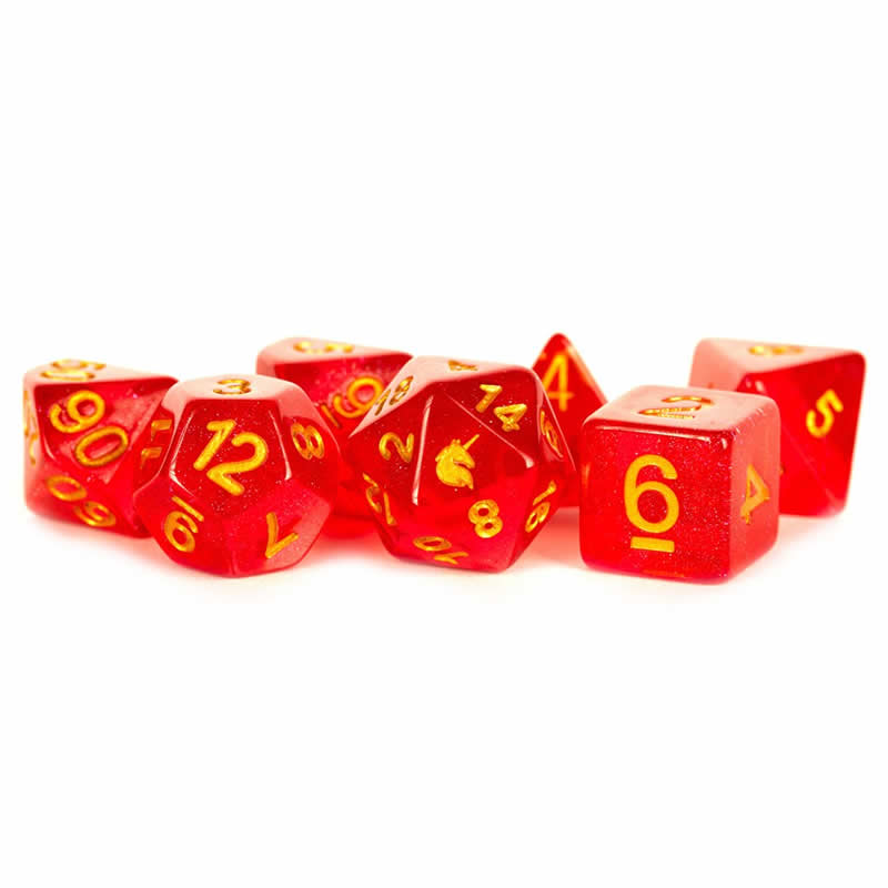 MET721 Red Unicorn Dice with Gold Numbers Acrylic 7 Dice Set 2nd Image