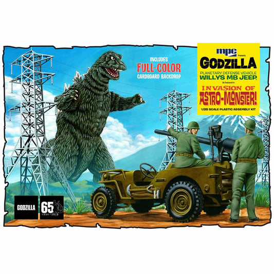MPC88212 Willys Jeep with Godzilla Backdrop 1/25 Scale Plastic Model Kit Main Image