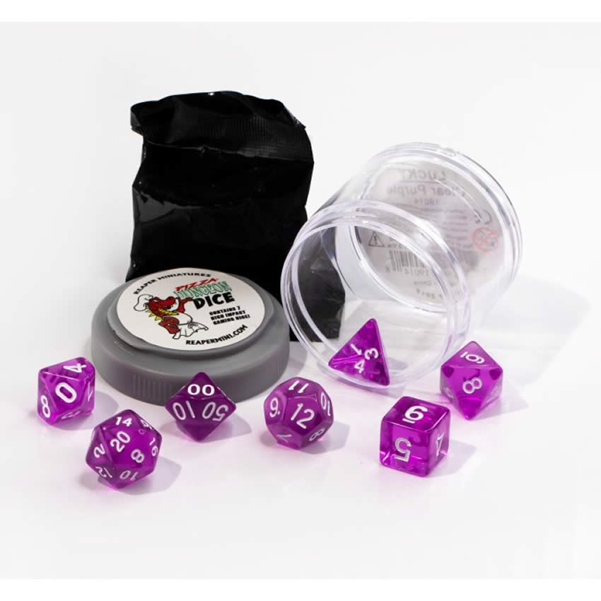 RPR19014 Clear Purple Lucky Dice Set 16mm Dungeon Dice Random Miniature Included Main Image