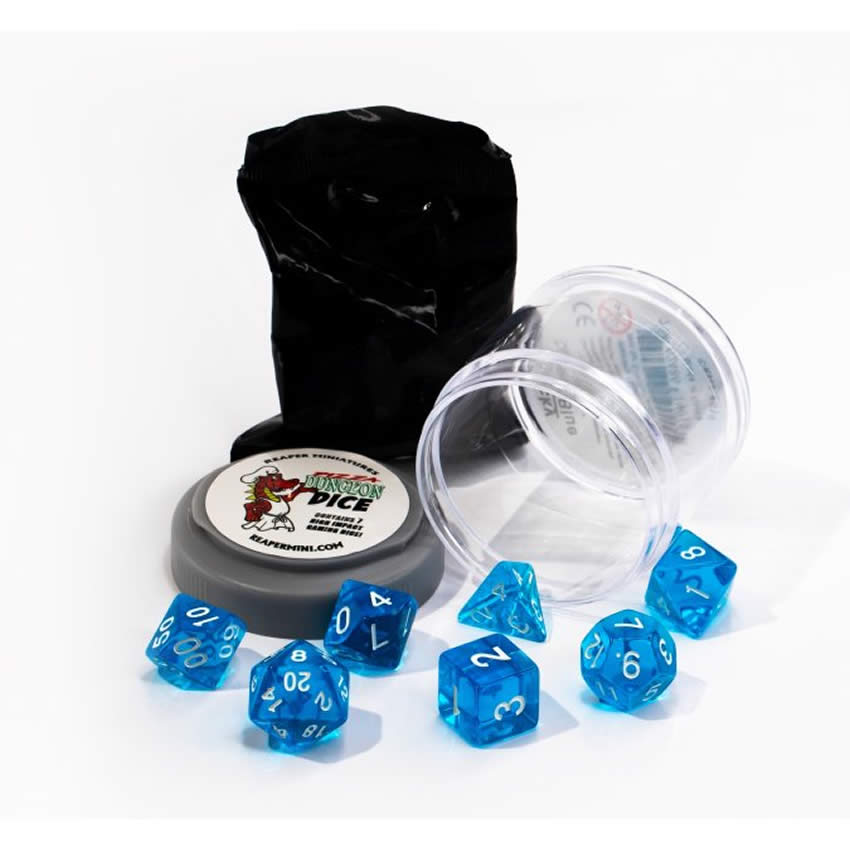 RPR19015 Clear Blue Lucky Dice Set 16mm Dungeon Dice Random Miniature Included Main Image