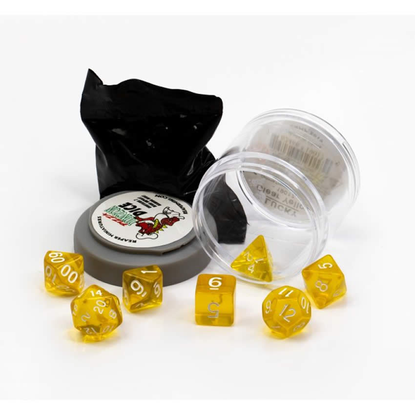 RPR19017 Clear Yellow Lucky Dice Set 16mm Dungeon Dice Random Miniature Included Main Image