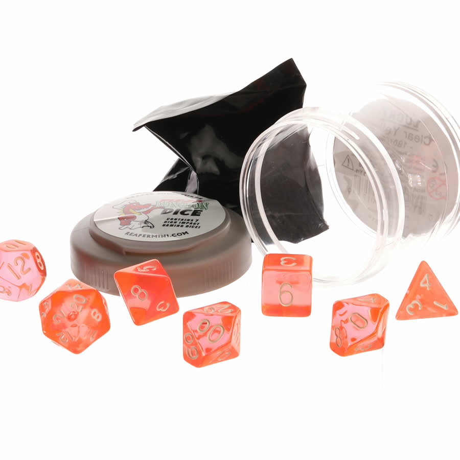 RPR19018 Clear Orange Lucky Dice Set 16mm (5/8 inch) Dungeon Dice with Random Miniature Included Main Image