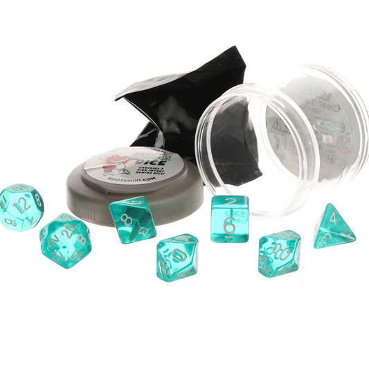 RPR19020 Clear Teal Lucky Dice Set 16mm (5/8 inch) Dungeon Dice with Random Miniature Included Reaper Miniatures Main Image