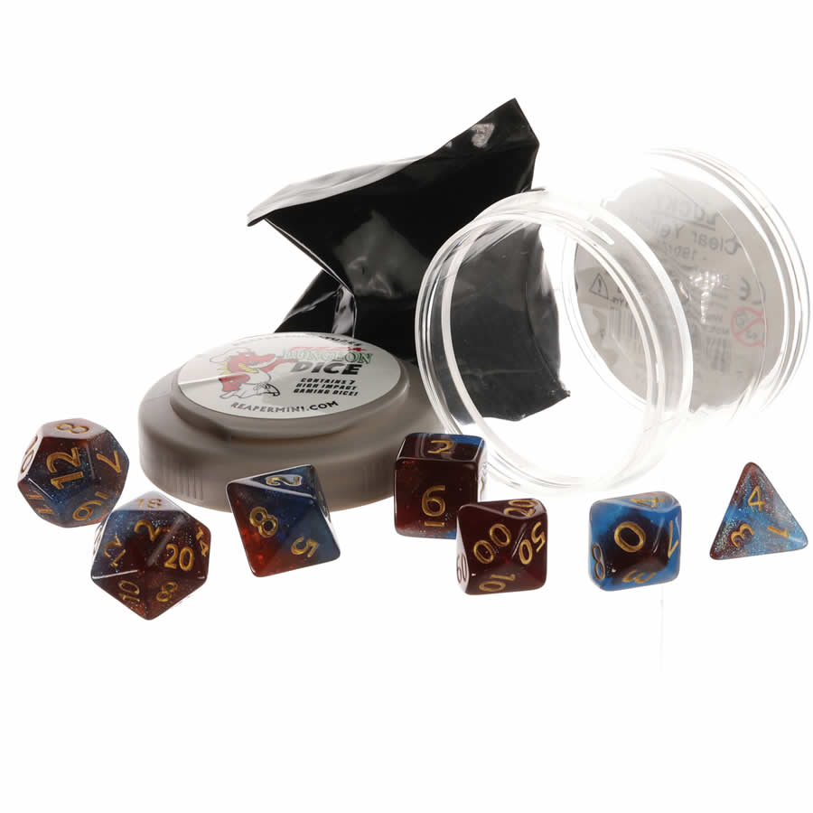 RPR19032 Red and Blue Nebula Boss Dice Set 16mm (5/8 inch) Dungeon Dice with Random Miniature Included Reaper Miniatures Main Image
