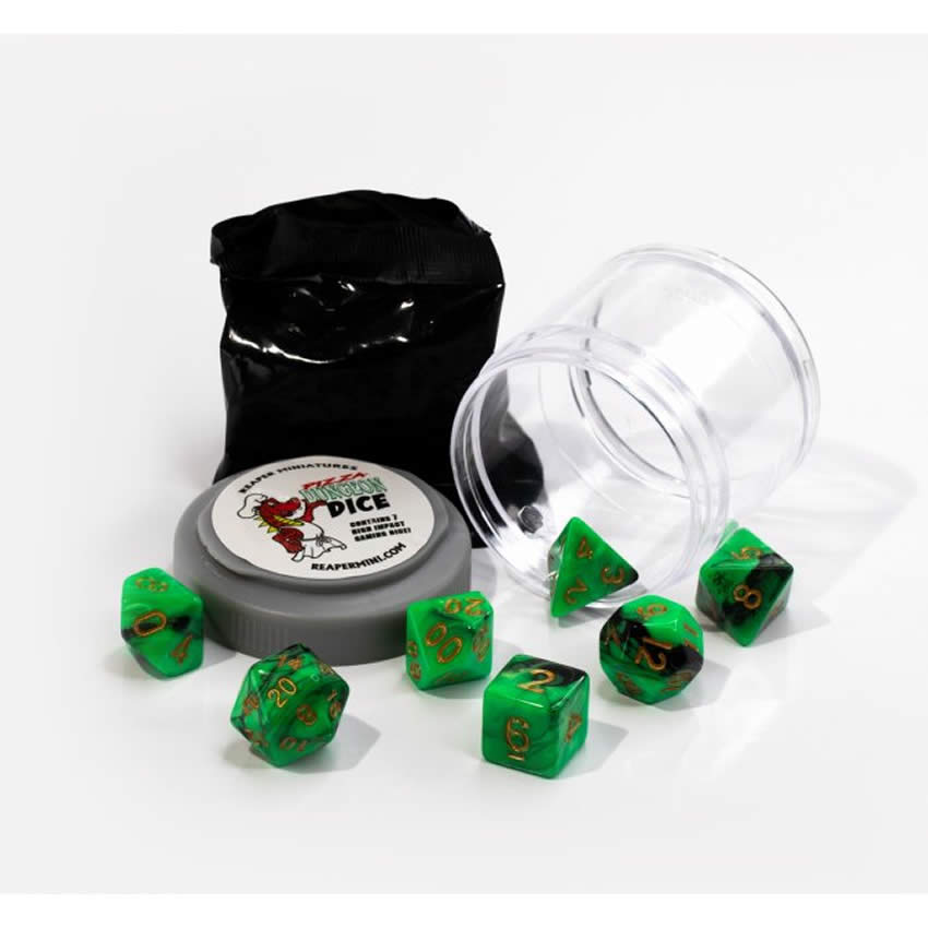 RPR19056 Green and Black Dual Color Dice Set 16mm Dungeon Dice Random Miniature Included Main Image