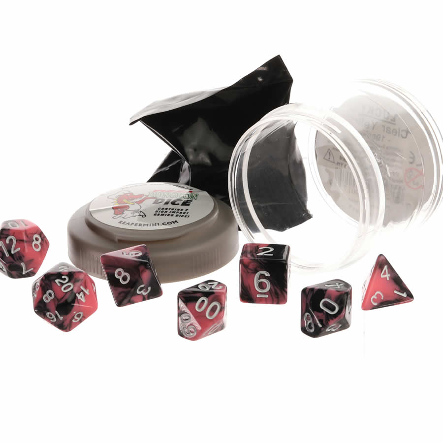 RPR19059 Pink and Black Dual Color Dice Set 16mm (5/8 inch) Dungeon Dice with Random Miniature Included Reaper Miniatures Main Image