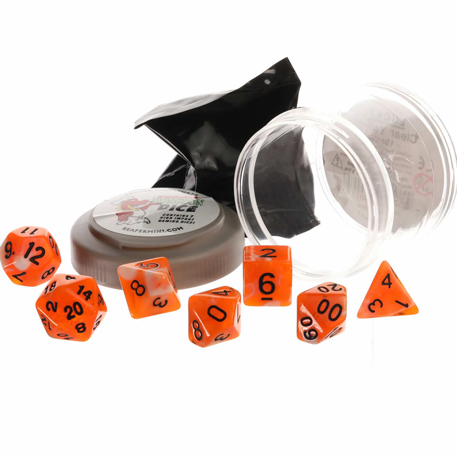 RPR19068 Orange and White Dual Color Dice Set 16mm (5/8 inch) Dungeon Dice with Random Miniature Included Reaper Miniatures Main Image