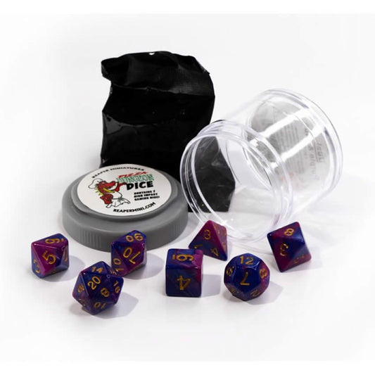 RPR19070 Purple and Blue Dual Color Dice Set 16mm Dungeon Dice Random Miniature Included Main Image