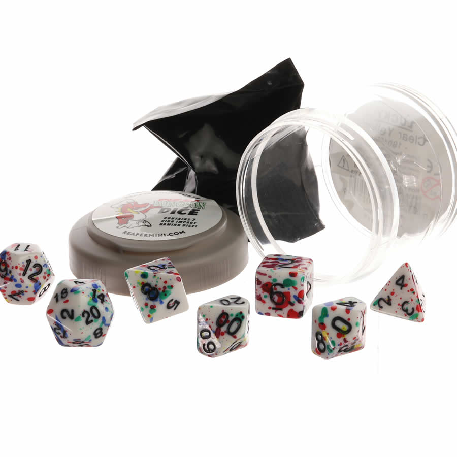RPR19072 Rainbow Paint Lucky Dice Set 16mm (5/8 inch) Dungeon Dice with Random Miniature Included Reaper Miniatures Main Image