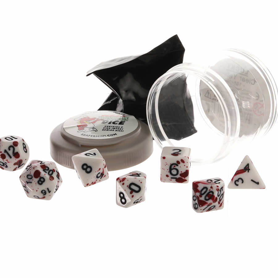 RPR19073 Blood Splatter Lucky Dice Set 16mm (5/8 inch) Dungeon Dice with Random Miniature Included Reaper Miniatures Main Image