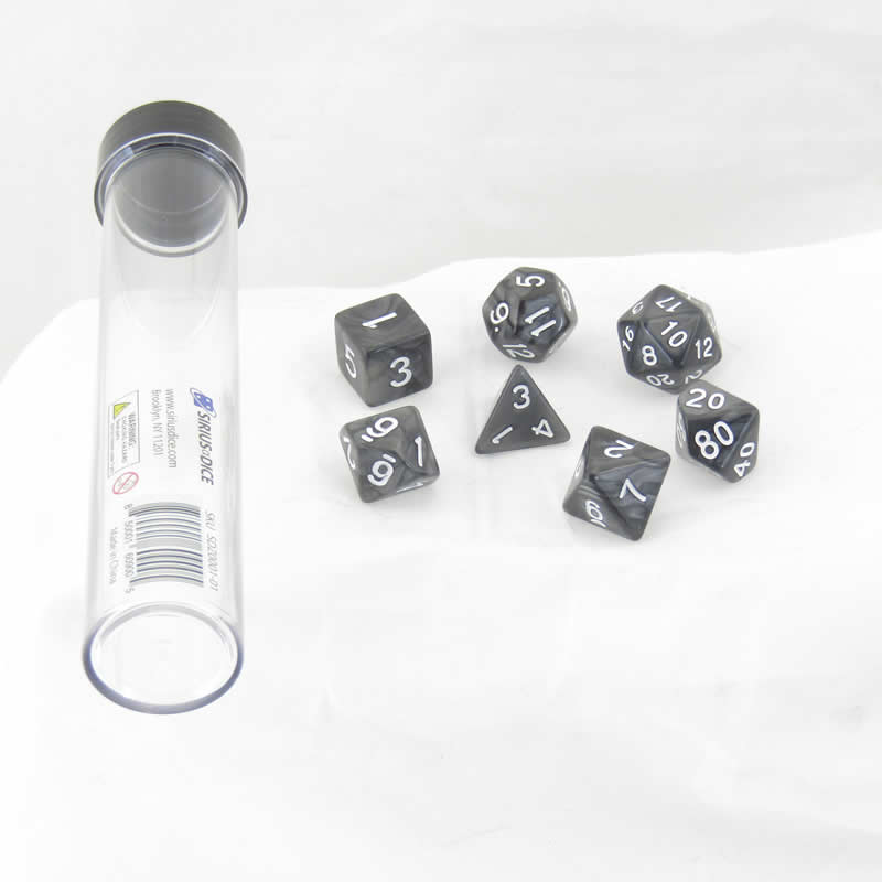 SDZ000101 Grey Pearl Acrylic Dice with White Numbers 16mm (5/8 inch) 7 Dice Set Main Image