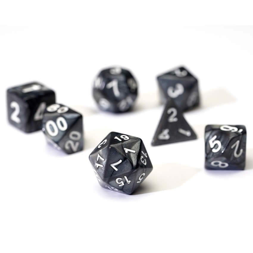 SDZ000101 Grey Pearl Acrylic Dice with White Numbers 16mm (5/8 inch) 7 Dice Set 2nd Image