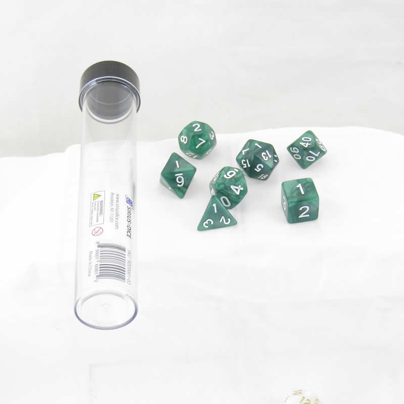SDZ000102 Green Pearl Acrylic Dice with White Numbers 16mm (5/8 inch) 7 Dice Set Main Image