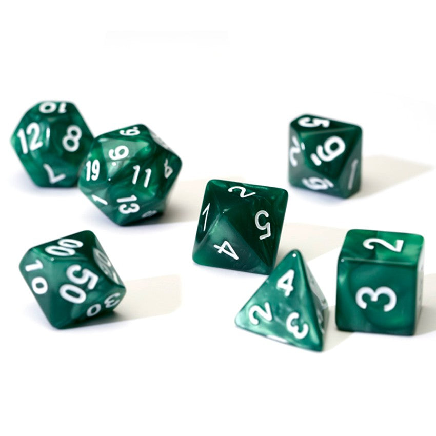 SDZ000102 Green Pearl Acrylic Dice with White Numbers 16mm (5/8 inch) 7 Dice Set 2nd Image