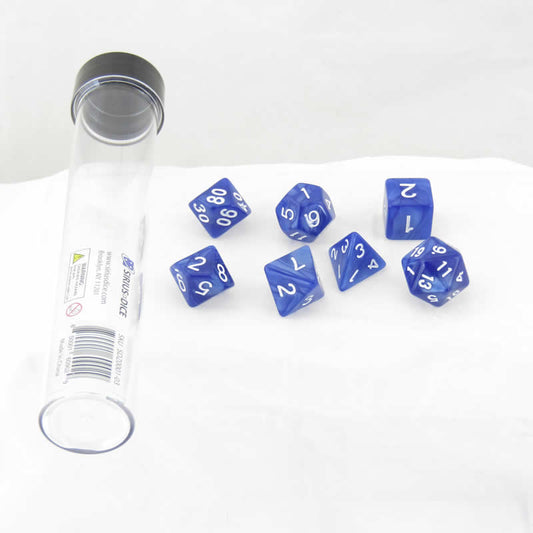 SDZ000103 Blue Pearl Acrylic Dice with White Numbers 16mm (5/8 inch) 7 Dice Set Main Image