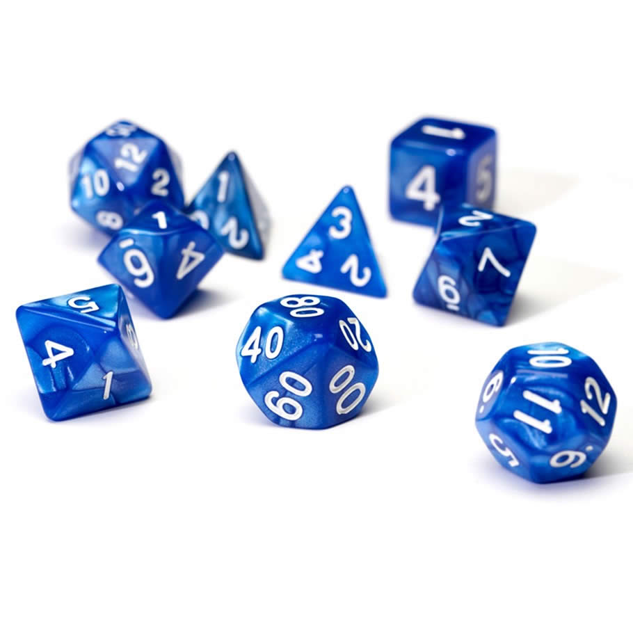 SDZ000103 Blue Pearl Acrylic Dice with White Numbers 16mm (5/8 inch) 7 Dice Set 2nd Image