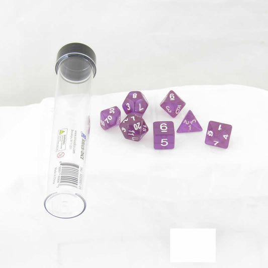 SDZ000105 Purple Translucent Resin Dice with White Numbers 16mm (5/8 inch) 7 Dice Set Main Image