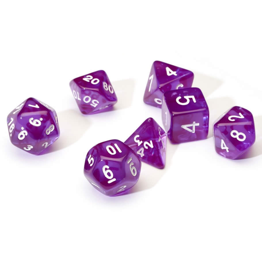 SDZ000105 Purple Translucent Resin Dice with White Numbers 16mm (5/8 inch) 7 Dice Set 2nd Image