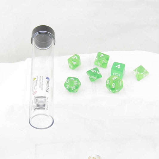 SDZ000106 Green Translucent Resin Dice with White Numbers 16mm (5/8 inch) 7 Dice Set Main Image